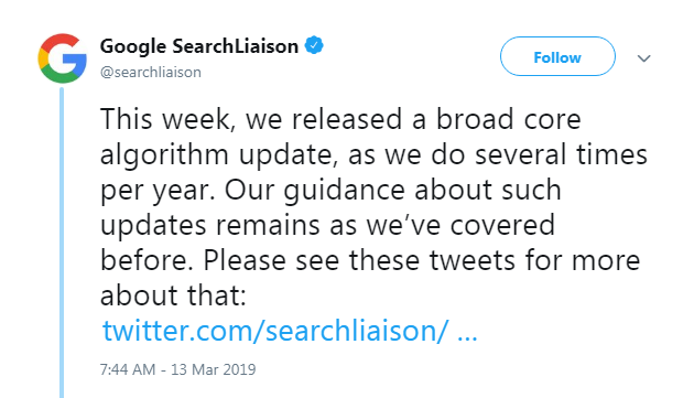 Google Official Confirmation Regards - March 2019 Core Update