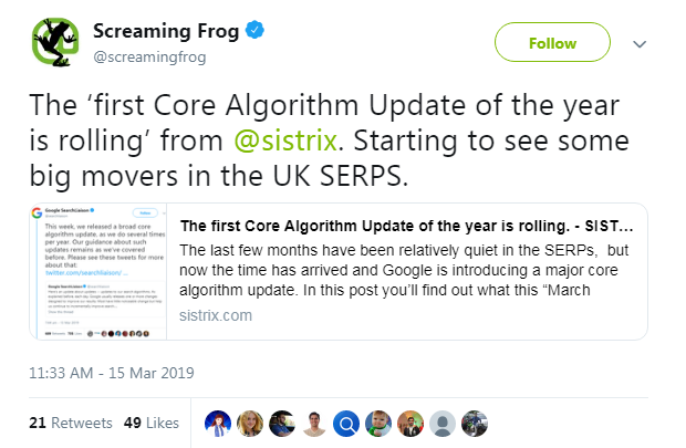 Screamingfrog Tweeted as First Core Algorithm of the Year 2019