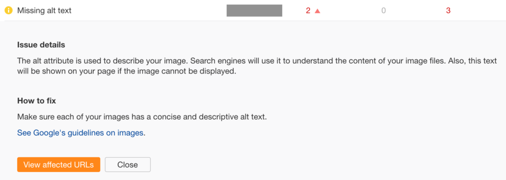 Alt text SEO issue fixing guide in Ahrefs tool