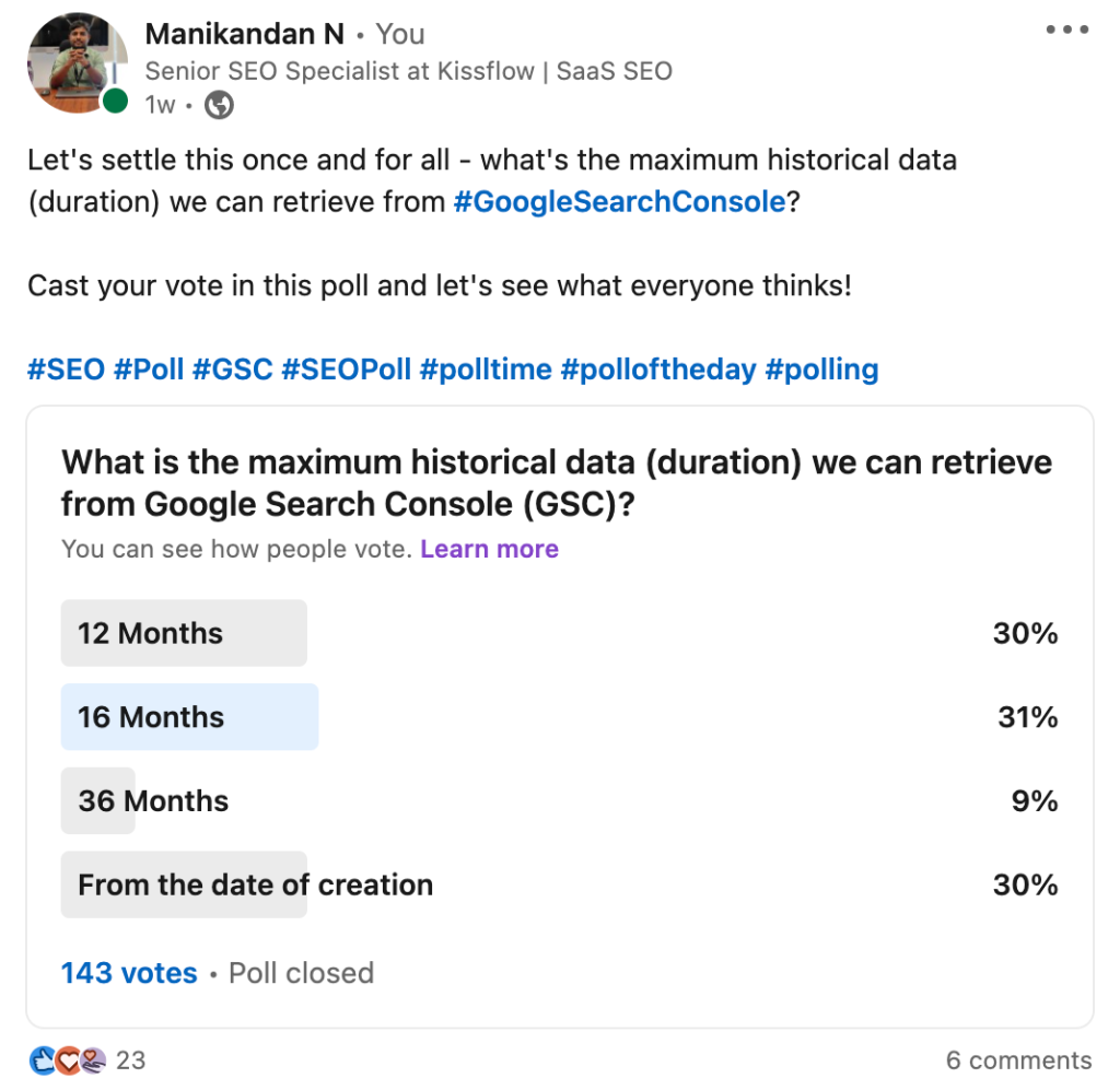 SEO Poll on LinkedIn of using GSC UI