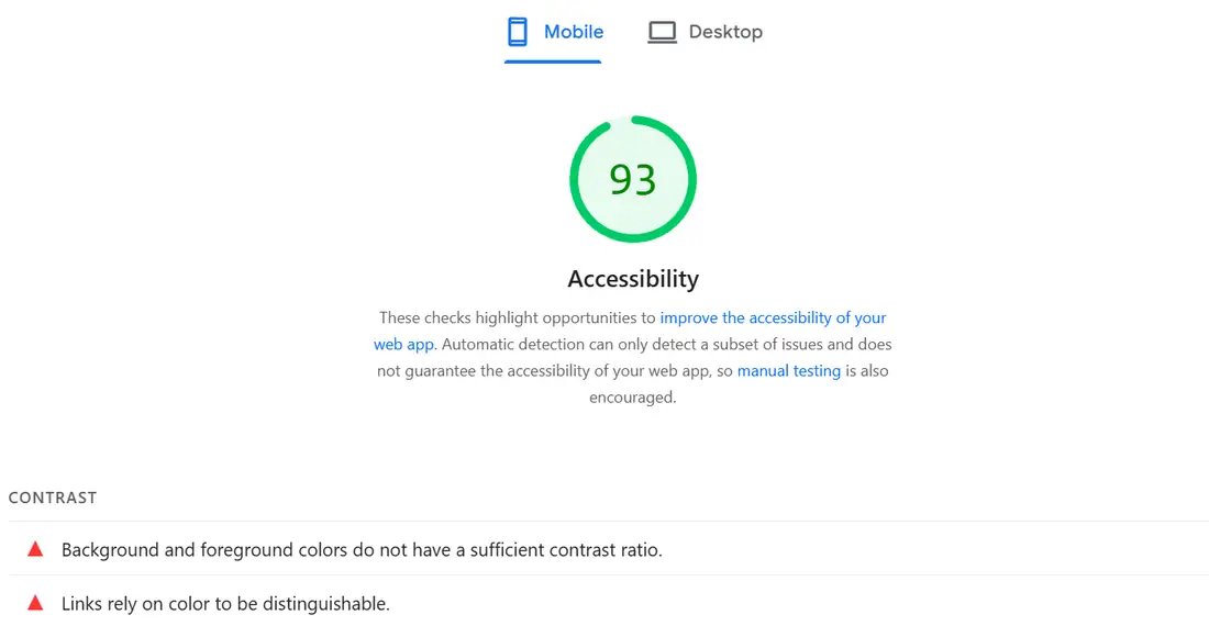 Lighthouse Accessibility score of 93 with two contrast failures: insufficient colour contrast and links that rely on colour to be distinguishable