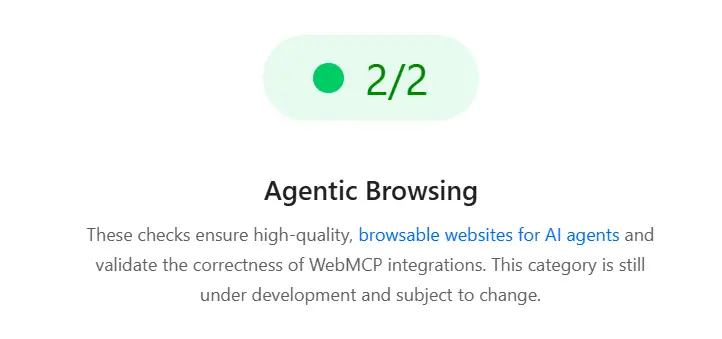 Lighthouse Agentic Browsing category showing 2 of 2 checks passed