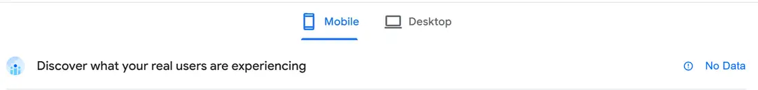 PageSpeed Insights mobile report showing No Data under Discover what your real users are experiencing