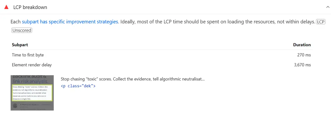 Lighthouse LCP breakdown insight showing time to first byte of 270 ms and element render delay of 3,670 ms, with the intro paragraph as the LCP element
